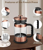French Press Coffee Maker - 34 Ounce Classice Stainless Steel Coffee Press with 4-Level Filtration System, Heat Resistant Thickness Borosilicate Glass French Press Coffee Pot for Camping Travel Gift