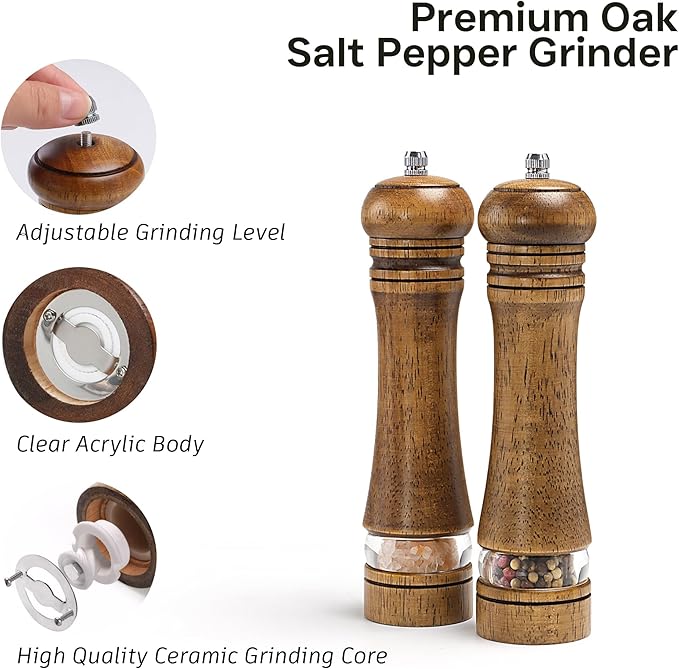 Wooden Salt and Pepper Grinder Set, Premium Oak Wood Salt Grinders Shakers, Pepper Mill with Acrylic Clear Window, Adjustable Ceramic Grinder - 8 inches, 2 Pack