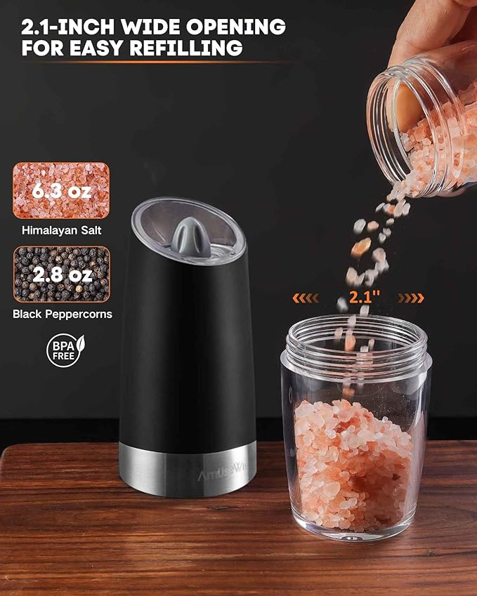 AmuseWit Electric Gravity Pepper Mill or Salt Grinder Mill [White Light] - Battery Operated Automatic Pepper Grinder with Light, Adjustable Coarseness, One Handed Operation, Cleaning Brush, Black