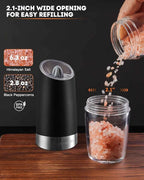 AmuseWit Gravity Electric Salt and Pepper Grinder Set of 2 [White Light] Battery Operated Automatic Pepper and Salt Mills with Light,Adjustable Coarseness,One Handed Operation,Black