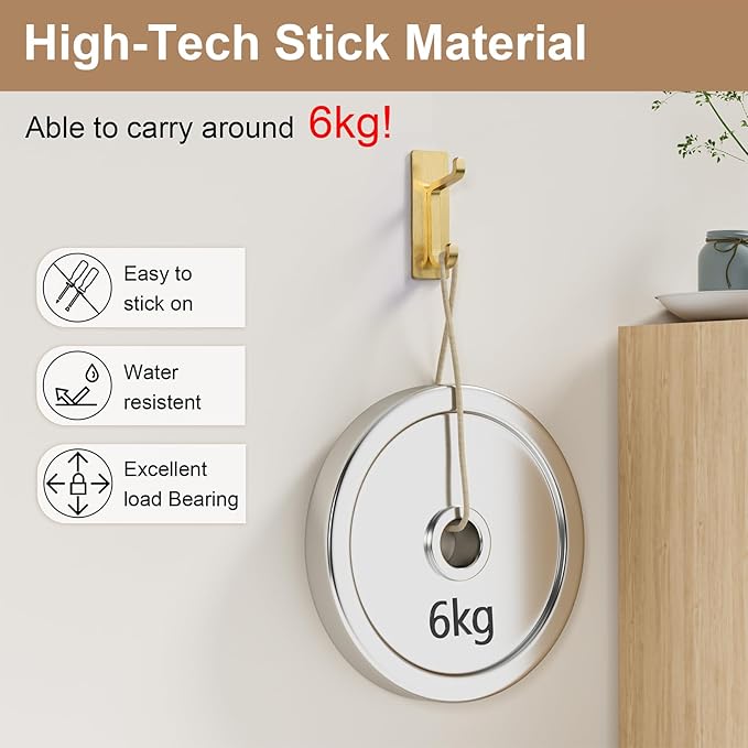 pickpiff 12 Pack Wall Hooks for Coat and Towel: 13LB Adhesive Door Hanger Stick on, Gold