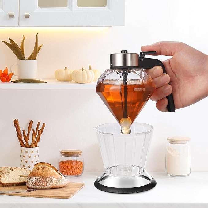 Glass Honey Dispenser, No Drip Honey Dispenser with Stand Diamond Shaped Honey Pot, Beautiful Syrup and Sugar Jar