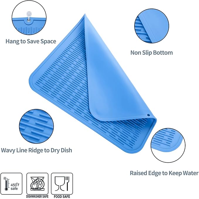 Silicone Dish Drying Mat for Multiple Usage,Easy clean,Eco-friendly,Heat-resistant Silicone Mat for Kitchen Counter or Sink,Refrigerator or Drawer Liner Lichen BlueL XL 18 inches x 16 inches