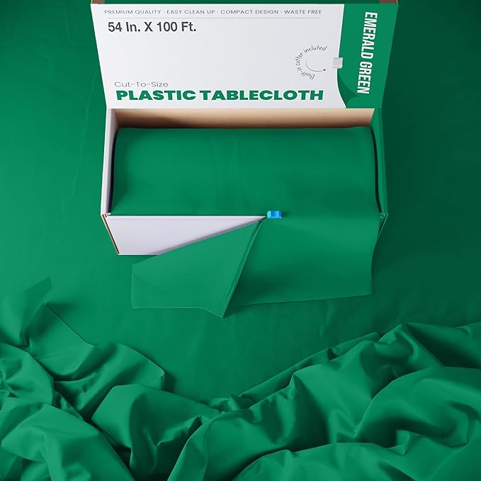 Exquisite Party Solids 54 Inch X 100 Feet Emerald Green Plastic Table Cover Roll in A Cut - to - Size Box with Convenient Slide Cutter. Cuts Up to 12 Rectangle 8 Feet Plastic Disposable Tablecloths