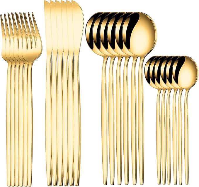 24-Piece Gold Silverware Set for 6, Stainless Steel Flatware Cutlery Set, Eating Utensils Set Tableware Included Steak Knives Spoons and Forks Set For Home,Restaurant,Party