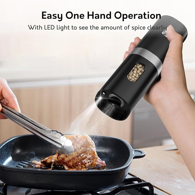 Syaws Electric Pepper and Salt Grinder 1 Pack,Battery Powered Pepper Grinders,Automatic Pepper Mill with LED Light,Adjustable Coarseness One-Hand Operation