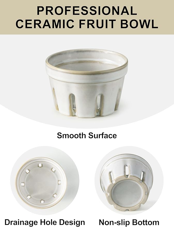 Gomakren Ceramic Berry Basket Set of 2, Round Fruit Bowl with Holes, Small Fruit Basket Containers for Kitchen Counter, Berries, Strawberry, Grape, Cherry, White