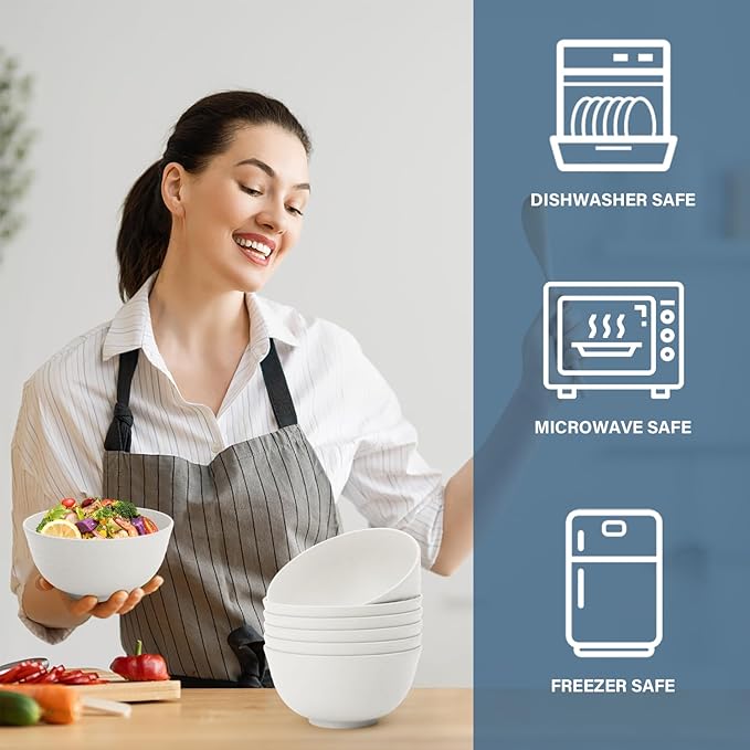 Kitchen Bowl 26 OZ, Wheat Straw Bowls Set 6 PCS, Unbreakable and Lightweight Cereal Bowl for Rice,Oatmeal,Salad, Microwave and Dishwasher Safe Plastic Bowls Reusable - White