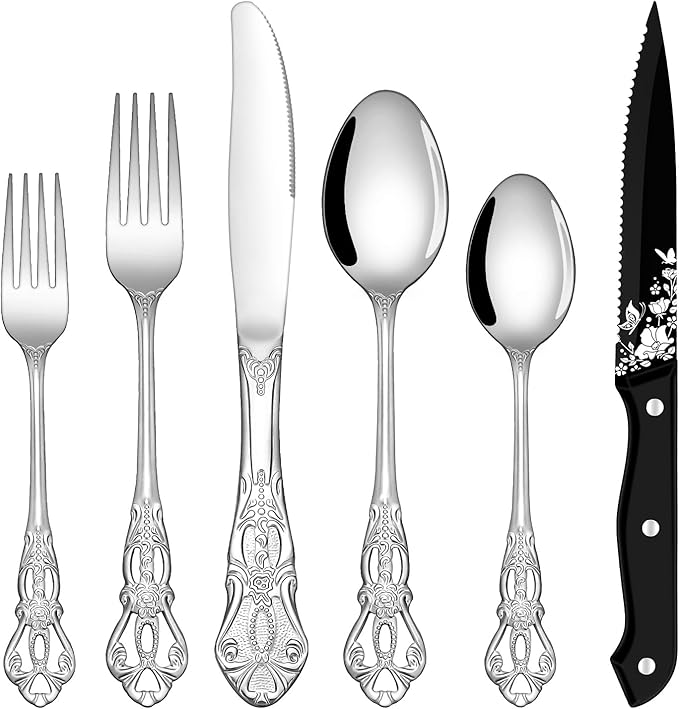 EUIRIO 48 Pieces Royal Silverware Set for 8, Gorgeous Retro Flatware Set with Steak Knives, Premium Stainless Steel Vintage Cutlery Utensils Set with Forks Spoons and Knives, Dishwasher Safe