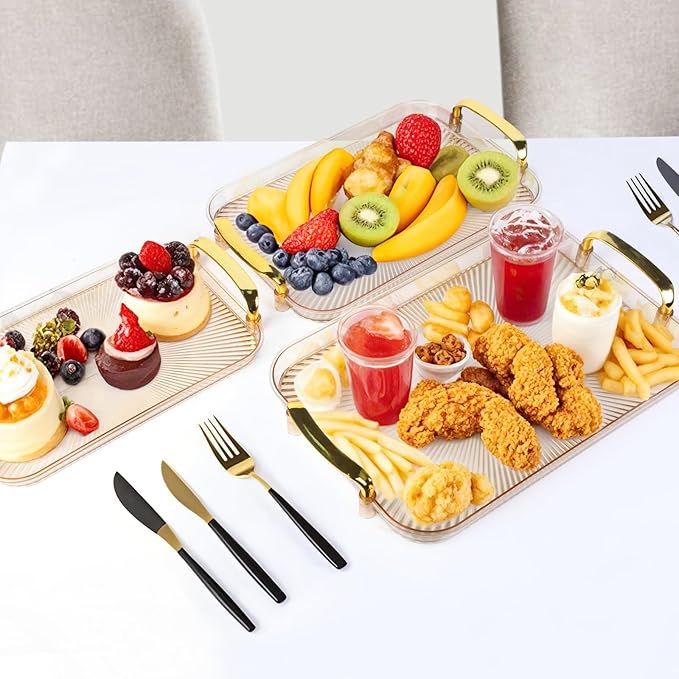 3 Pack Serving Tray with Handles, Stackable Reusable Trays for Serving Food, Plastic Serving Platters for Party, Charcuterie, Fruit, Appetizer, Amber Gold