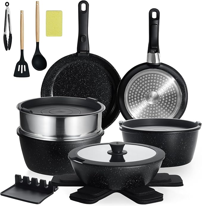 21PCS ceramic cookware set,Nonstick ceramic pan, Removable Handle pots and pans set, Stackable Pan Set, Ceramic Nonstick Pan Pots and Pans Set Non Stick(Black)