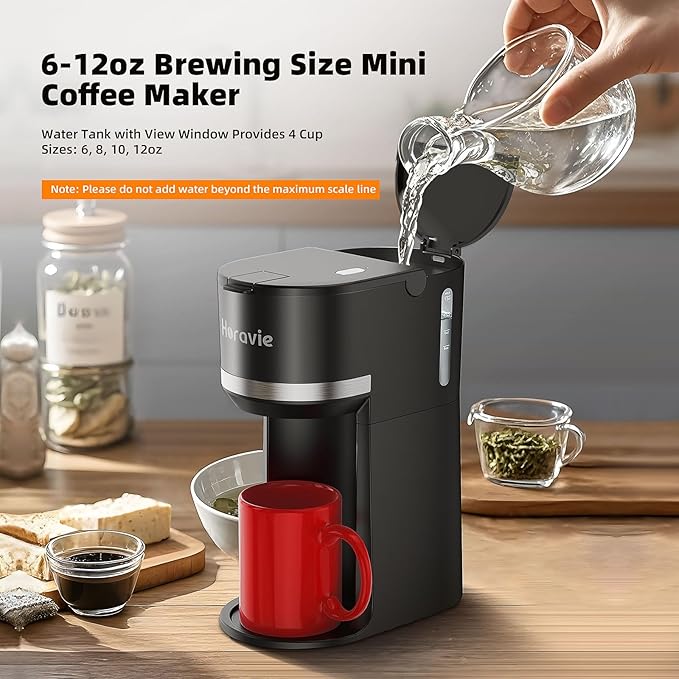 Mini Single Serve Coffee Maker for K Cup and Ground Coffee, Fast Brew One Cup Coffee Machine with Descaling Reminder and Water Window, 6 to 12 oz. Brew Sizes, Black