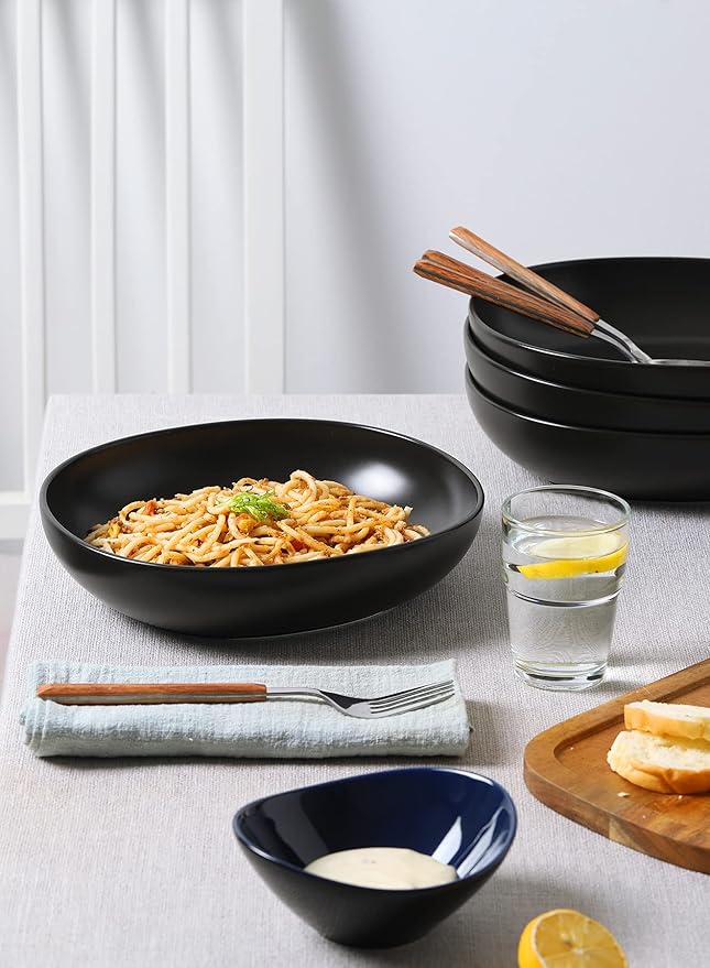 Teocera Pasta and Salad Bowls Set - Large 50 Ounce Porcelain Matte Black Square Bowls, Set of 4 - Microwave and Dishwasher Safe