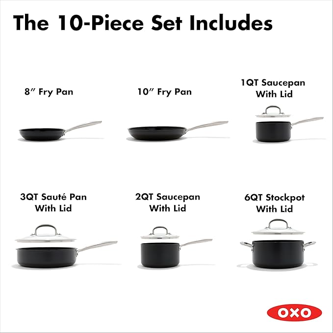 OXO Good Grips Pro 10 Piece Cookware Pots and Pans Set, 3-Layered German Engineered Nonstick Coating, Stainless Steel Handle, Dishwasher Safe, Oven Safe, Black