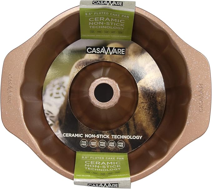 casaWare Fluted Cake Pan 9.5-inch (10-Cup) Ceramic Coated NonStick (Rose Gold Granite)