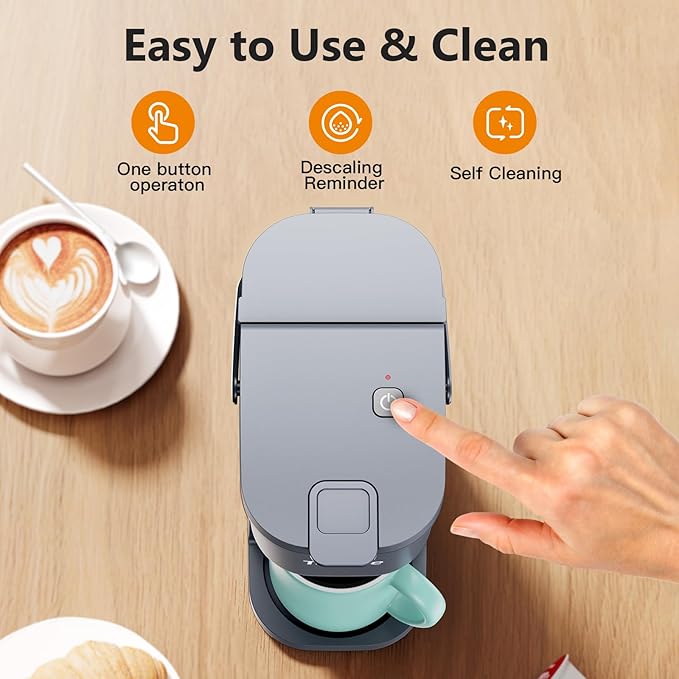 Single Serve One Cup Coffee Maker, for K Cups and Grounds, Mini Coffee Maker with Portable Handle, 6 to 12 Oz Brew Size, for Travel, Camping, Office, RV and Dorm, 120V, Cool Gray