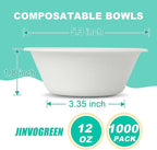 1000 Count 12 oz Paper Bowls, Disposable Compostable Bowls Bulk, Heavy Duty Biodegradable Bagasse Bowl for Snacks, Soup, and Salads, White