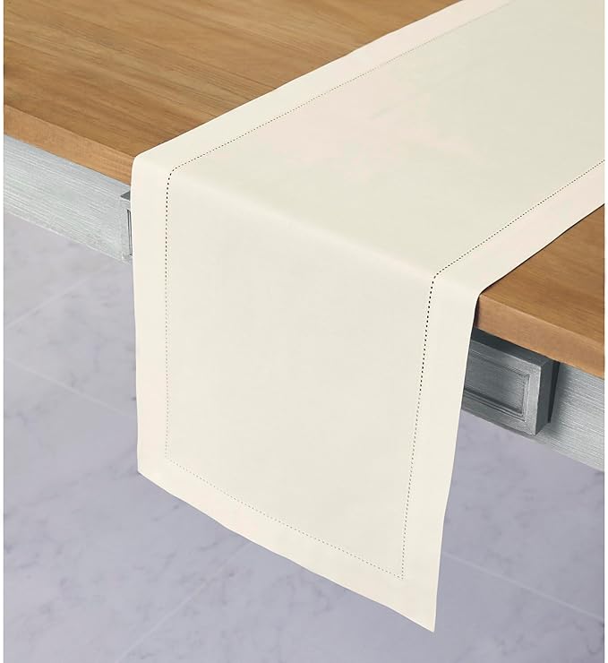 Solino Home Ivory Table Runner 132 Inches Long - Cotton Linen Hemstitch Extra Long Table Runner 14 x 132 Inch for Summer, Fall, Autumn