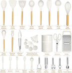 Umite Chef Silicone Kitchen Utensil Set, 34PCS Heat Resistant Kitchen Gadgets and Tools With Grater, Cream White Wood Handles for Nonstick Cookware