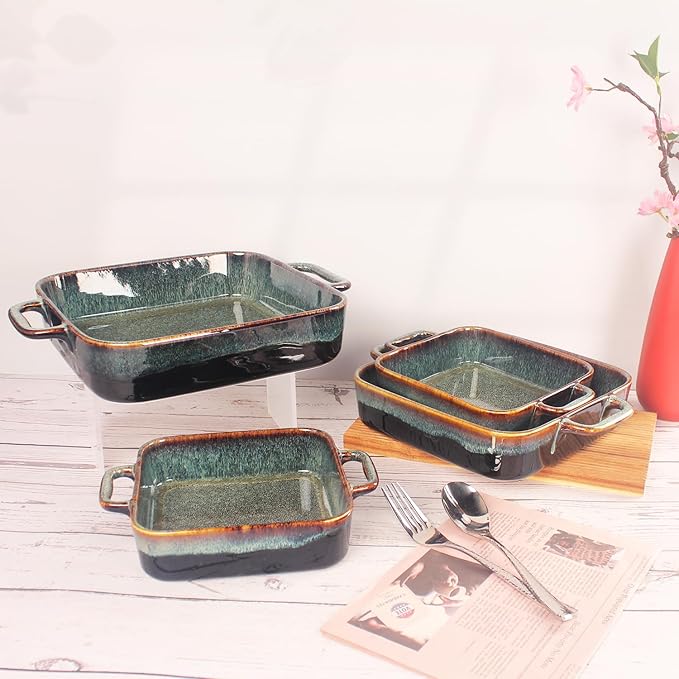 7" x 7" Porcelain Square Casserole Dishes, 2 pieces Baking Dish for Oven, 32 OZ Ceramic Lasagna Pans, Oven Safe Bakeware for Kitchen Cooking, Cake, Banquet and Dinner