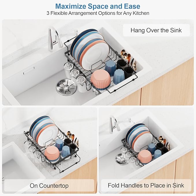 iSPECLE in Sink Dish Drying Rack - Capacity Expandable Dish Rack with 2 Cup Holder, Dish Drainer for Kitchen Sink Counter with Utensil Holder Large Capacity, Black