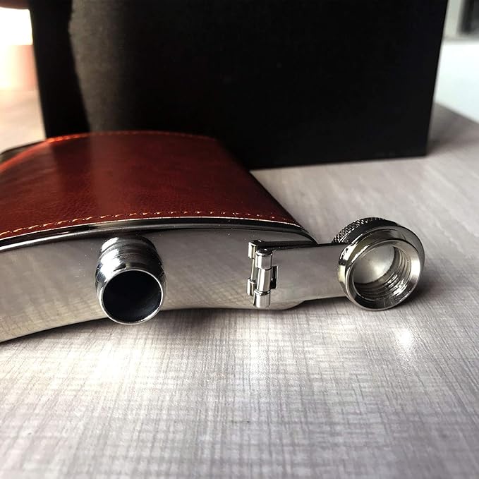 7 Oz Stainless Steel Hip Flask Gift Set Brown Leather with 2 Cups and Funnel 100% Leak Proof for Alcohol, Whiskey, Rum and Vodka Pocket Mini Drinking Flasks