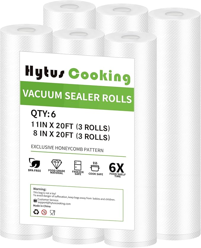 HytusCooking [6 Pack] Vacuum Sealer Bags Rolls, 3 Rolls 11" x 20' & 3 Rolls 8" x 20', Heavy Duty Multi-Layer Commercial Grade Food Storage Bags for Sous Vide, Meal Prep [BPA-Free]
