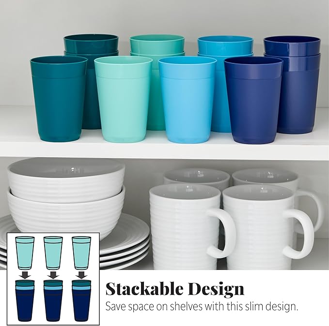 US Acrylic Newport 10 ounce Unbreakable Plastic Stackable Juice Tumblers in Coastal Colors | Set of 12 Drinking Cups | Reusable, BPA-free, Made in the USA, Top-rack Dishwasher and Microwave Safe