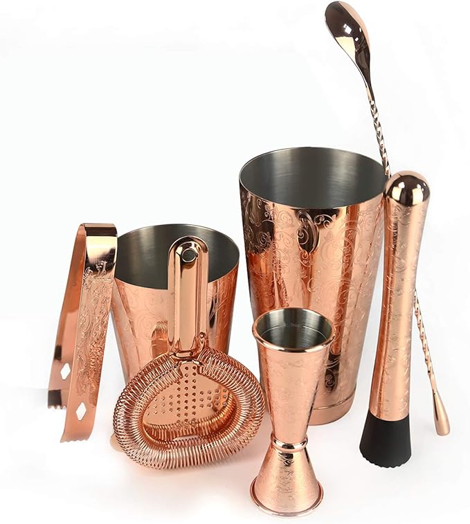 SKY FISH Bartender Kit Cocktail Shaker Set-6 Pieces Stainless Steel Copper Plated Etching Bar Tools with Boston Shaker Tins,Mixing Spoon,Mojito Muddler,Jigger,Hawthorne Strainer,Ice Tongs