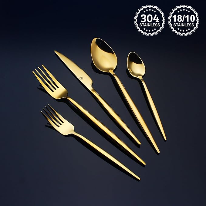 20 Piece Luxury Silverware Set for 4 Gold Mirror-Polished 18/10 Stainless Steel Heavy Flatware Set Modern Cutlery Set Knife/Fork/Spoon with Gifts for Home & Restaurant
