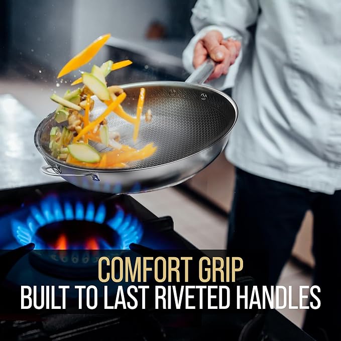 12.5” Nonstick Stainless Steel Wok Pan with Lid | Tri-Ply Honeycomb Hybrid Stir-Fry Pan | Nonstick Woks & Stir-Fry Pans | PFOA-Free, Induction, Dishwasher & Oven Safe