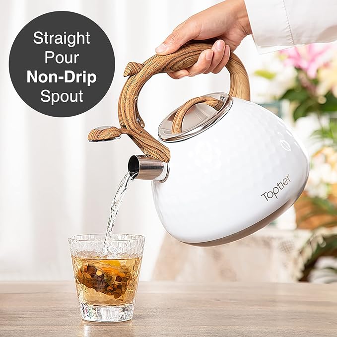 Tea Kettle, Toptier Teapot Whistling Kettle with Wood Pattern Handle Loud Whistle, Food Grade Stainless Steel Tea Pot for Stovetops Induction Diamond Design Water Kettle, 2.7-Quart White