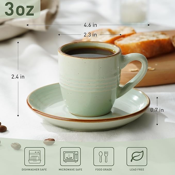 amiware Jupiter Espresso Cups and Saucers Set of 4, 3 oz Ceramic Small Coffee Mug with Handle, Spiral Stoneware Demitasse Cup for Tea, Latte, Cafe - Microwave & Dishwasher Safe, Light Green