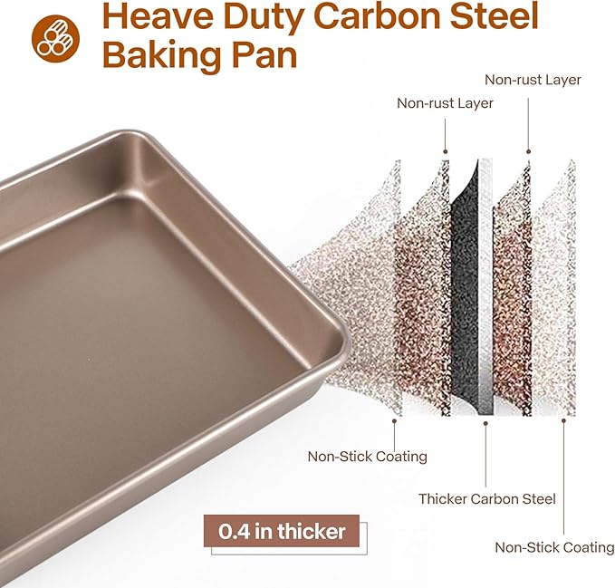 Rectangle Cake Pan, 9x11 Baking Pan, Deep Bread Pan Nonstick, Toaster Oven Tray Bakeware for Brownies, Heavy Duty, 11x9x2 Inch, Pack of 2, Gold, Easy Release