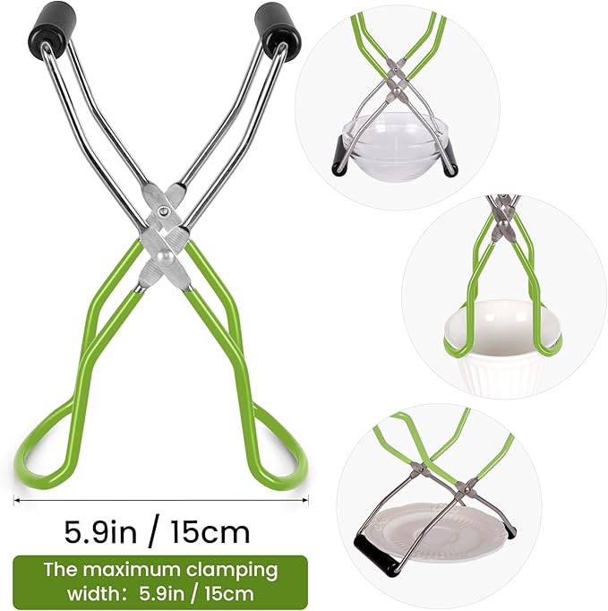 Canning Jar Lifter, Canning Tongs, Stainless Steel Jar Lifter with Rubber Grip Handle for Home Kitchen (Green)