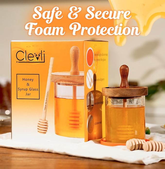 12 oz Honey Jar Set with Airtight Wooden Lid, 2 Extra Dippers, Silicone Mat & Custom Gift Box | Glass Container Honey Pot for Honey & Syrup | Durable & Stylish Kitchenware