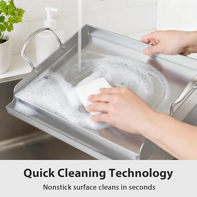 Utheer 17" x 13" Ceramic Nonstick Stainless Steel Griddle for Gas Grill, Charcoal, Oven, Stove Top Griddle, Non-Toxic, PFAS/PFOA/PTFE Free, Oven Up to 500°F, for BBQ, Camping & Kitchen, Sliver