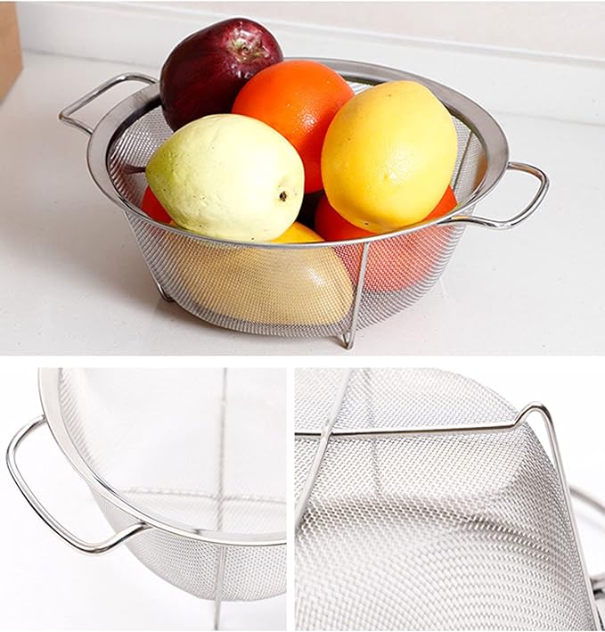 Stainless Steel Mesh Colander Strainer Basket, 3 Quart Fine Mesh Net Colander with Heavy Duty Handles & Wide Rim & Resting Feet for Strain, Drain, Rinse, Fry, Steam or Cook Vegetables & Pasta