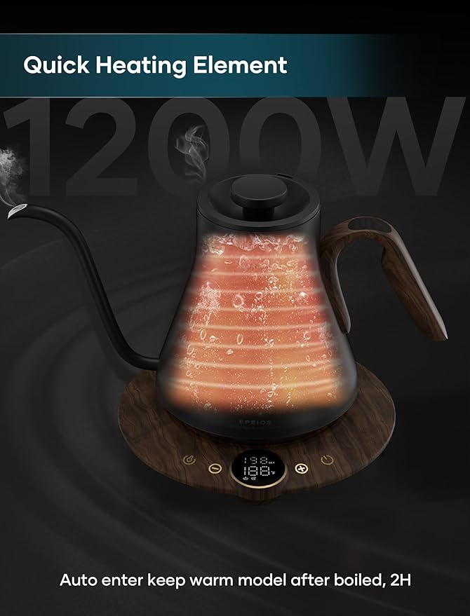 Electric Kettles, INTASTING Gooseneck Electric Kettle, ±1℉ Temperature Control, Stainless Steel Inner, Quick Heating, for Pour Over Coffee, Brew Tea, Boil Hot Water, 1500W/0.9L (Glossy Black)