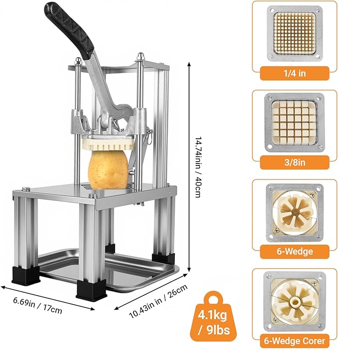 Commercial French Fry Cutter with 4 Replacement Blades, 1/4" and 3/8" Blade Easy Dicer Chopper, 6-wedge Slicer and 6-wedge Apple Corer, Lemon Potato Cutter