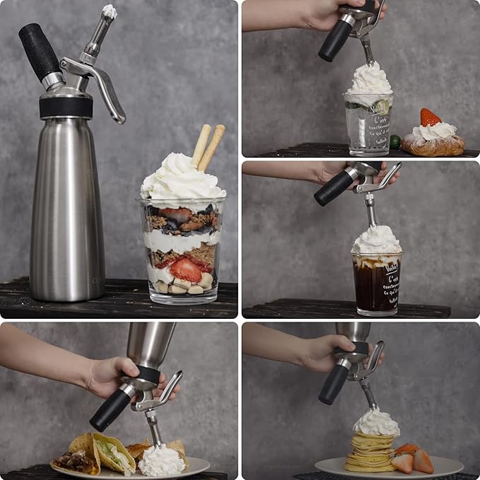 CURTA Professional Whipped Cream Dispenser, Food Grade Stainless Steel Cream Whipper Set with 4 Injector Tips, 3 Decorating Tips and 500ml / 1 Pint Canister, N2O Chargers Not Included …