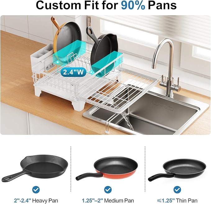 GSlife Extendable Dish Drying Rack - Large 2-in-1 Dish Racks for Kitchen Counter and Over Sink, Anti-Rust Dish Drainer with Drainboard, 2 Pan Slots and Utensil Holder, White
