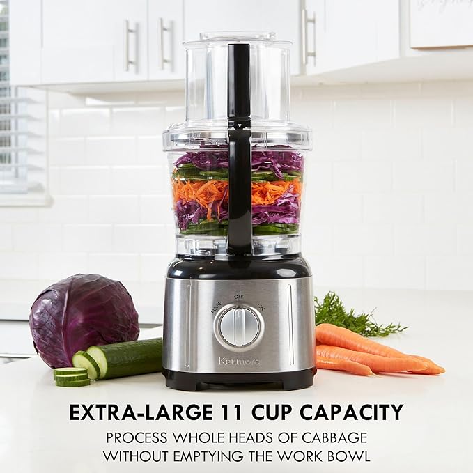 Kenmore 11 Cup Food Processor - Vegetable & Fruit Salad Cutter, Multifunctional, Chopper, Clicer, Mincer, Puree, Grater, Blades, Shredder, Compact Stainless Steel Kitchen Appliances, 500 W Black