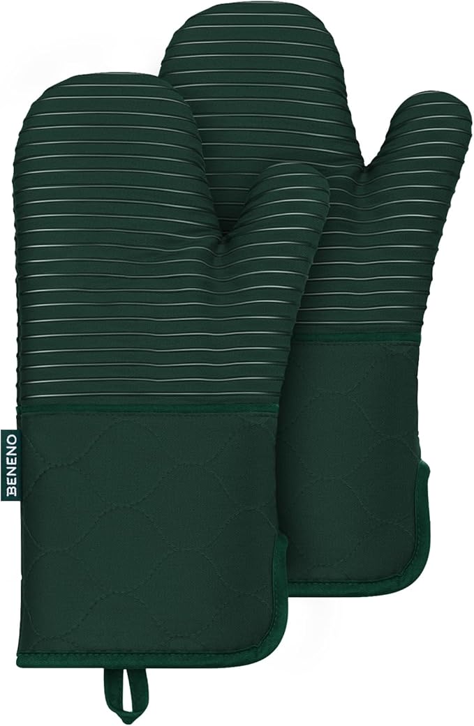 Beneno Kitchen Oven Mitts 2-Pack Heat Resistant to 500°F with Non-Slip Silicone Grip, Extra Long 14.3" Forearm Protection, Soft Quilted Cotton Terry Lining, Ideal for Cooking, Baking, Grilling, Green