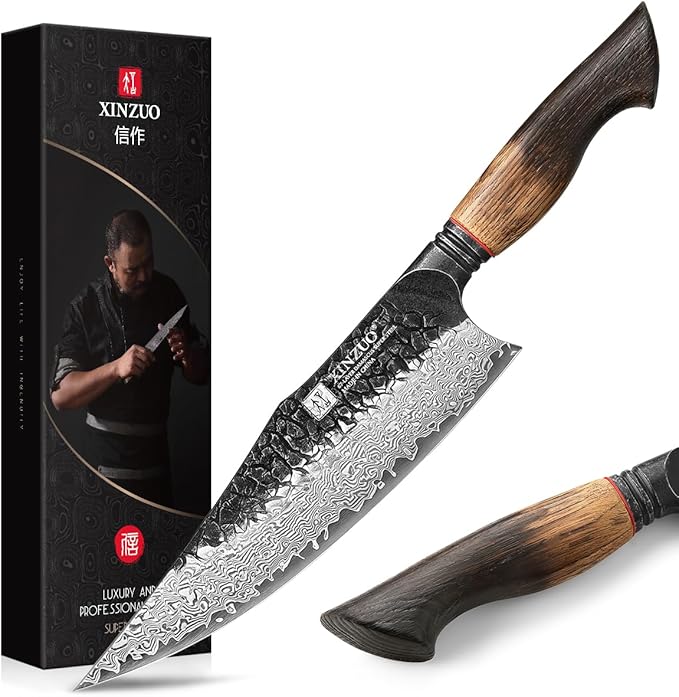 XINZUO 8.6 inch Professional Damascus Chefs Knife,67 Layers Damascus Steel Kitchen Knife,10Cr15CoMoV Steel Core,Very Sharp for Vegetables Meat Cutting for Home Kitchen,Burnt White Oak Wood Handle