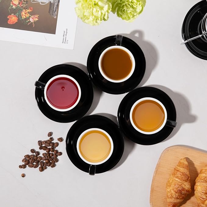 Sweejar Ceramic Espresso Cups Set of 6, Espresso Cup Stackable, 4 Oz Stackable Cappuccino Cups with Saucers and Metal Stand for Coffee Drinks, Americano, Latte, Tea (Black)