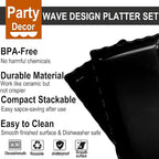 KAQAHIDO 17" x 8" x 1.5" Black Serving Tray Set, Wave Edge Melamine Platters for Cookie, Appetizer, Charcuterie, Snack, Dessert, Party Food Display, Stackable, Set of 2