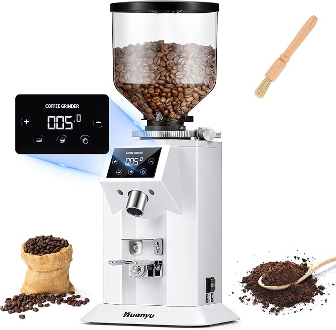 Huanyu Professional Coffee Grinder with 74mm Flat Burr 53ounce Bean Hopper 15 Infinite Grinding Settings Electric Coffee Grinder with Touching Screen White