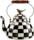 MACKENZIE-CHILDS Enamel Tea Kettle, Cute Kitchen Kettle for Stovetop, 3-Quart Capacity, Black-and-White Courtly Check with Bird Topper