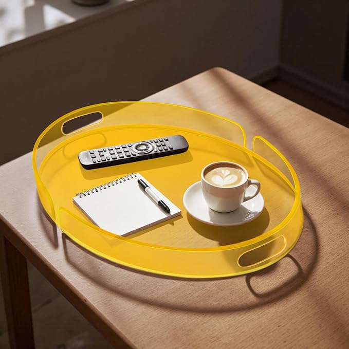 Acrylic Serving Tray with Handles Large Decorative Ottoman Tray 17x13'' Round for Bathroom Food Coffee Fruit Snack Tea Dinner Living Room, Neon Yellow